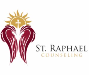 Logo of St. Raphael Counseling with angel wings and cross.