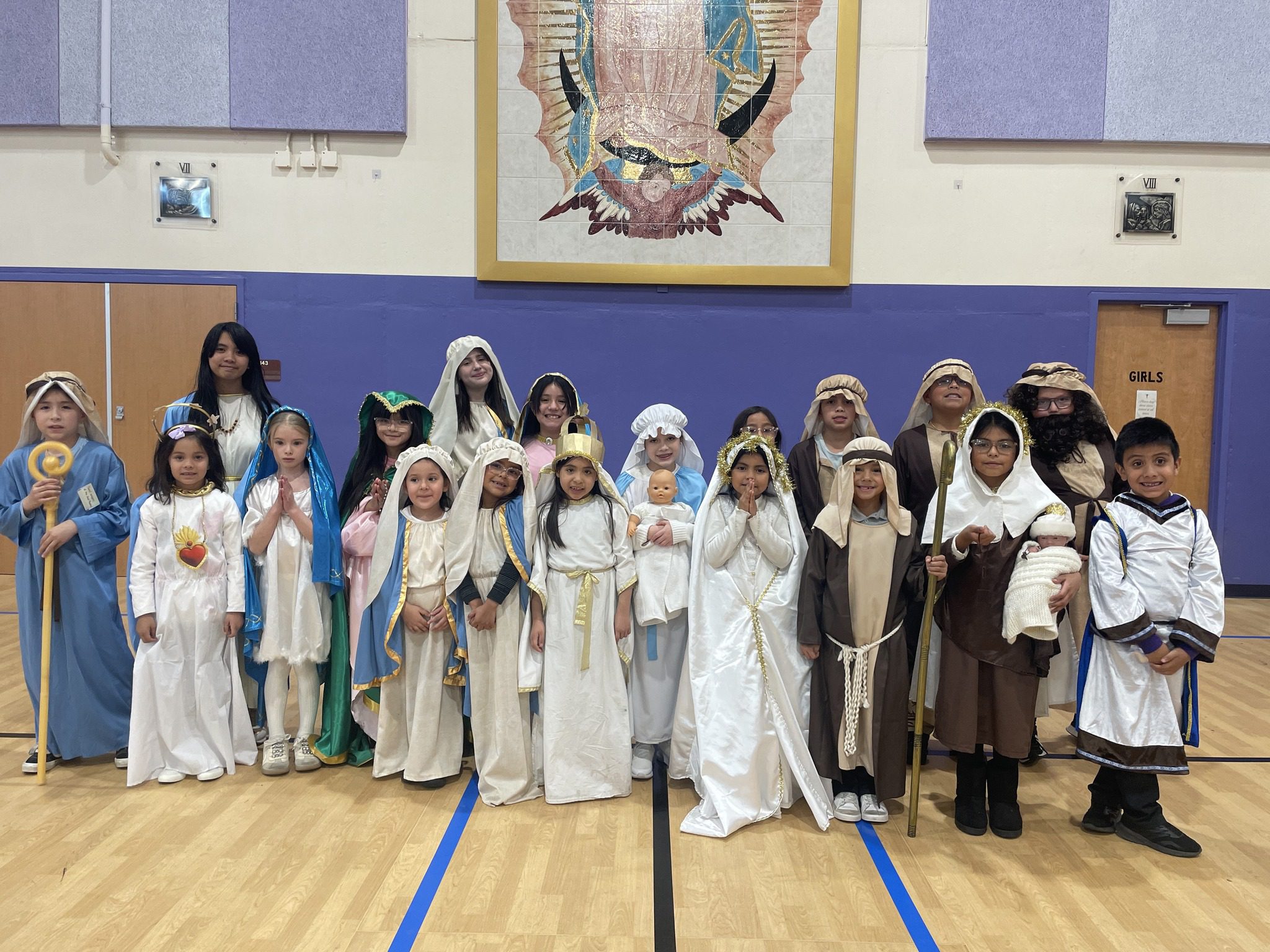 Children dressed as biblical characters for a nativity play.