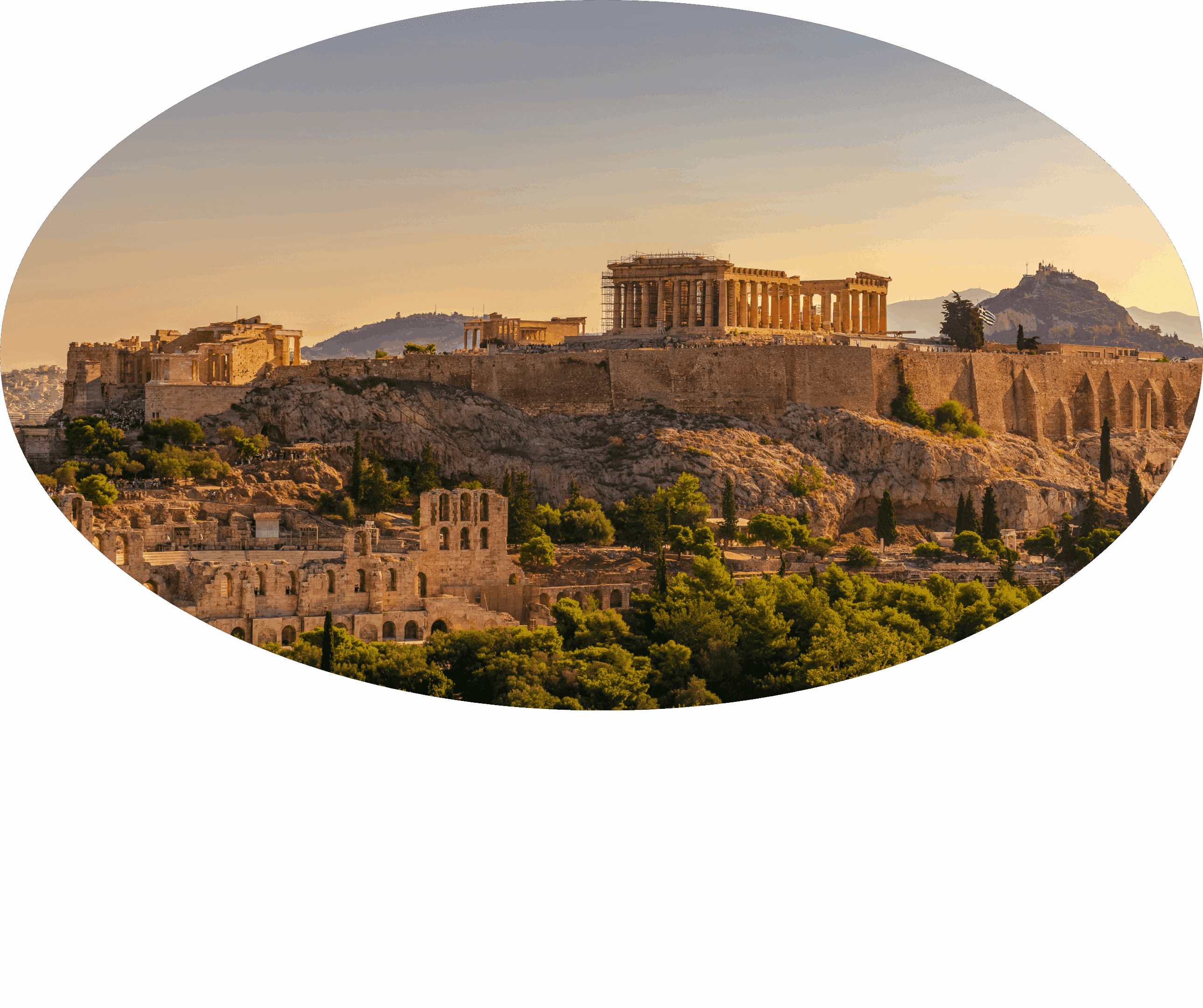 Sunset view of the Acropolis in Athens, Greece.